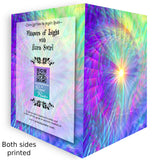 Front and back view of a Pastel rainbow swirl art card with a blue envelope, art by Primal Painter