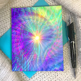 Pastel rainbow swirl art card with a blue envelope, art by Primal Painter