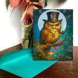 Funny greeting card featuring a grumpy owl sitting on a branch, wearing a tophat, and smoking a pipe, created by Primal Painter.