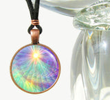Pastel rainbow swirl wearable art necklace in a copper colored round setting