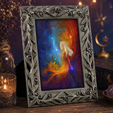 Decorative frame with a colorful painting of a goddess Nebula by Primal Painter on a mystical background.