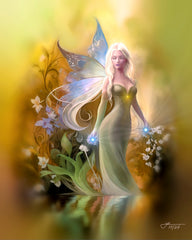 Artwork featuring a delicate fairy in warm earth tones with foliage standing by a reflective pond by Primal Painter