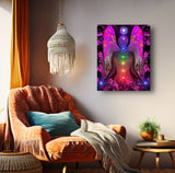 Energy art by Primal Painter of seven chakras aligned in a row on a feminine fuchsia angel and hanging over a chair