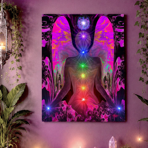 Colorful chakra art stretched canvas print of a fuchsia angel torso with wings and the seven chakras in a line with a Reiki symbol over her head. Canvas Print called Balance wtihin Chaos by Primal Painter. Hanging on a mauve wall