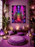 Colorful chakra art stretched canvas print of a fuchsia angel torso with wings and the seven chakras in a line with a Reiki symbol over her head. Canvas Print called Balance wtihin Chaos by Primal Painter. Hanging in a boho meditation sanctuary