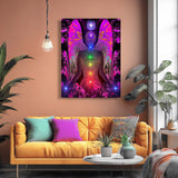 Energy art by Primal Painter of seven chakras aligned in a row on a feminine fuchsia angel and hanging over an orange couch