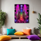 Seven chakras aligned in a row on feminine fuchsia angel surrounded by patterns hanging over a meditation space with colorful pillows