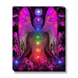 colorful chakra art canvas print with a fuchsia angel torso with the seven chakra colors aligned down the center, and blue lights in her hands and a Reiki symbol over her head