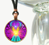 Rainbow Angel Pendant, Twin Moons Necklace, Pink Rays - "The Beacon"