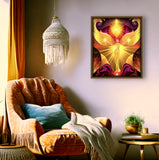 The Becoming by Primal painter is a visionary angel art print featuring a bright yelow angel with yellow orbs in her hands and over head against a      red abstract background. Framed hanging over a cozy chair