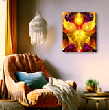 A vibrant, stretched canvas print called The Becoming by Primal Painter featuring a sleek yellow chakra angel with light rays, set against a fuchsia and orange  textured background. Hanging above a chair