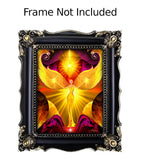 The Becoming by Primal painter is a visionary angel art print featuring a bright yelow angel with yellow orbs in her hands and over head against a      red abstract background. Framed with text Frame Not Included