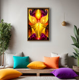 The Becoming by Primal painter is a visionary angel art print featuring a bright yelow angel with yellow orbs in her hands and over head against a      red abstract background. Framed hanging over a meditation space with colorful pillows