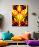 A vibrant, stretched canvas print called The Becoming by Primal Painter featuring a sleek yellow chakra angel with light rays, set against a fuchsia and orange  textured background. Hanging above a meditation space with colorful pillows