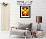 The Becoming by Primal painter is a visionary angel art print featuring a bright yelow angel with yellow orbs in her hands and over head against a      red abstract background. Hanging above a couch, 11x14