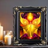 The Becoming by Primal painter is a visionary angel art print featuring a bright yelow angel with yellow orbs in her hands and over head against a      red abstract background. Framed on a shelf with candles