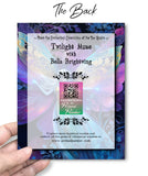 the back of a greeting card of a Fairy with intricate wings in rainbow colors against a blue, purple, and black background with art nouveau foliage by Primal Painter