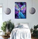 Colorful fairy artwork on a wall above a bed in a bedroom with plants.