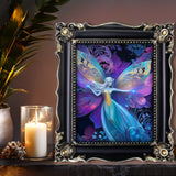Framed artwork of a fairy with colorful wings on a decorative shelf with a candle and plant.