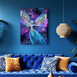Colorful fairy artwork on a blue wall above a blue sofa with patterned cushions.