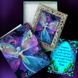 Framed fairy art mini print gift set with matching story card and affirmation card in a gift box