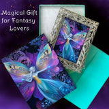 Framed mini art of a rainbow fairy with butterfly wings and a matching greeting card by Primal Painter.