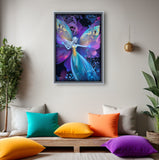 Colorful fairy artwork on a wall above a sofa with colorful cushions.