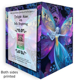 Front and back of a Fairy with intricate wings greeting card in rainbow colors against a blue, purple, and black background with art nouveau foliage by Primal Painter