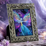 Framed Mini Fairy Art Print with rainbow butterfly wings by Primal Painter in a dreamy setting. 