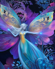 Colorful fairy art print with rainbow butterfly wings in a fantasy setting by Primal Painter