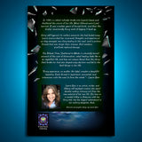 Book cover with text and a photo of a woman on a dark background