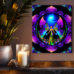 A stretched canvas print featuring a colorful mandala design with a rainbow angel motif, titled 'Breaking Free Mandala' by Primal Painter. Hanging above a shelf with candles