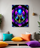A stretched canvas print featuring a colorful mandala design with a rainbow angel motif, titled 'Breaking Free Mandala' by Primal Painter. Hanging over a meditation space with colorful pillows