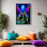 An art print of a rainbow fairy with lacy butterfly wings holds blue orbs of energy in her hands, a spiraling blue source of light above her, and the abstract suggestion of a path of steps at her feet.  Breaking Free by Primal Painter. Hanging over a meditation spot with colorful pillows. 