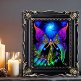 An art print of a rainbow fairy with lacy butterfly wings holds blue orbs of energy in her hands, a spiraling blue source of light above her, and the abstract suggestion of a path of steps at her feet. Breaking Free by Primal Painter. Framed sitting on an altar shelf. with a candle
