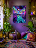 A stretched canvas print called Bubbles of Clearing by Primal Painter featuring a colorful, abstract chakra angel design with a background of multicolored bubbles. Hanging in a bohemian meditation sanctuary