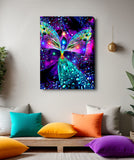 A stretched canvas print called Bubbles of Clearing by Primal Painter featuring a colorful, abstract chakra angel design with a background of multicolored bubbles.Hanging above a meditation space with colorful pillows