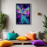 Rainbow angel art print by Primal Painter featuring a very colorful angel with butterfly wings, chakra colors, and orbs of energy. Bubbles of Clearing. Framed hanging over a meditation space with colorful pillows