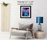Rainbow angel art print by Primal Painter featuring a very colorful angel with butterfly wings, chakra colors, and orbs of energy. Bubbles of Clearing. Framed hanging over a couch, 11x14