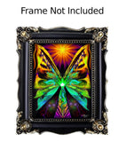 The Butterfly Effect by Primal Painter is an art print featuring  Huge butterfly wings on a green fairy with a rainbow dress and a large orange starburst over head, wings are gradations of green and teal to orange and yellow. Framed with text Frame Not Included
