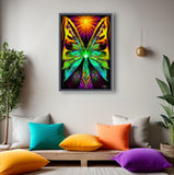 The Butterfly Effect by Primal Painter is an art print featuring  Huge butterfly wings on a green fairy with a rainbow dress and a large orange starburst over head, wings are gradations of green and teal to orange and yellow. Framed and hanging over a meditation space with colorful pillows. 