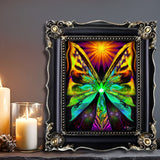 The Butterfly Effect by Primal Painter is an art print featuring  Huge butterfly wings on a green fairy with a rainbow dress and a large orange starburst over head, wings are gradations of green and teal to orange and yellow. Framed on a shelf with candles