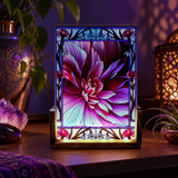 Flower themed abstract art night light in  magenta, purple, and violet with  a stained-glass style border. Art by Primal Painter. 