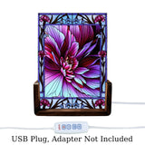 Flower themed abstract art night light in  magenta, purple, and violet with  a stained-glass style border. Art by Primal Painter. USB Plug text