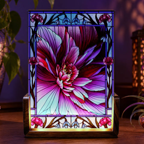 Flower themed abstract art night light in  magenta, purple, and violet with  a stained-glass style border. Art by Primal Painter. 