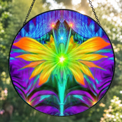 Textured glass suncatcher featuring a rainbow fairy with butterfly wings and meaningful symbolism by Primal Painter. 