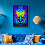 A colorful abstract art print called Centered by Primal Painter featuring an angel with a green aura and two smaller angel figures at the bottom, set against a vibrant, psychedelic background. Framed and hanging over a blue couch on a blue wall