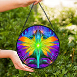 Textured glass suncatcher featuring a rainbow fairy with butterfly wings and meaningful symbolism by Primal Painter. 