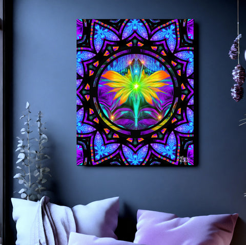 Centered Mandala stretched canvas print by Primal Painter featuring a Rainbow fairy with arms stretched overhead holding lights in her hand inside a circle with an intricate mandala border in multiple rainbow layers. Hanging on a dark gray wall