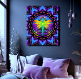 Centered Mandala stretched canvas print by Primal Painter featuring a Rainbow fairy with arms stretched overhead holding lights in her hand inside a circle with an intricate mandala border in multiple rainbow layers. Hanging over a bed on a dark gray wall